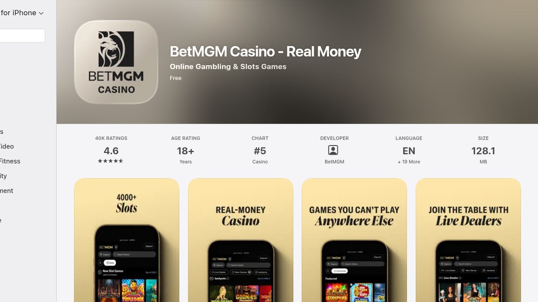 The BetMGM Casino listing on the Canadian App Store in October 2026: 4.6 stars from 40K ratings, 18+ store age rating, 128.1 MB, published by BetMGM