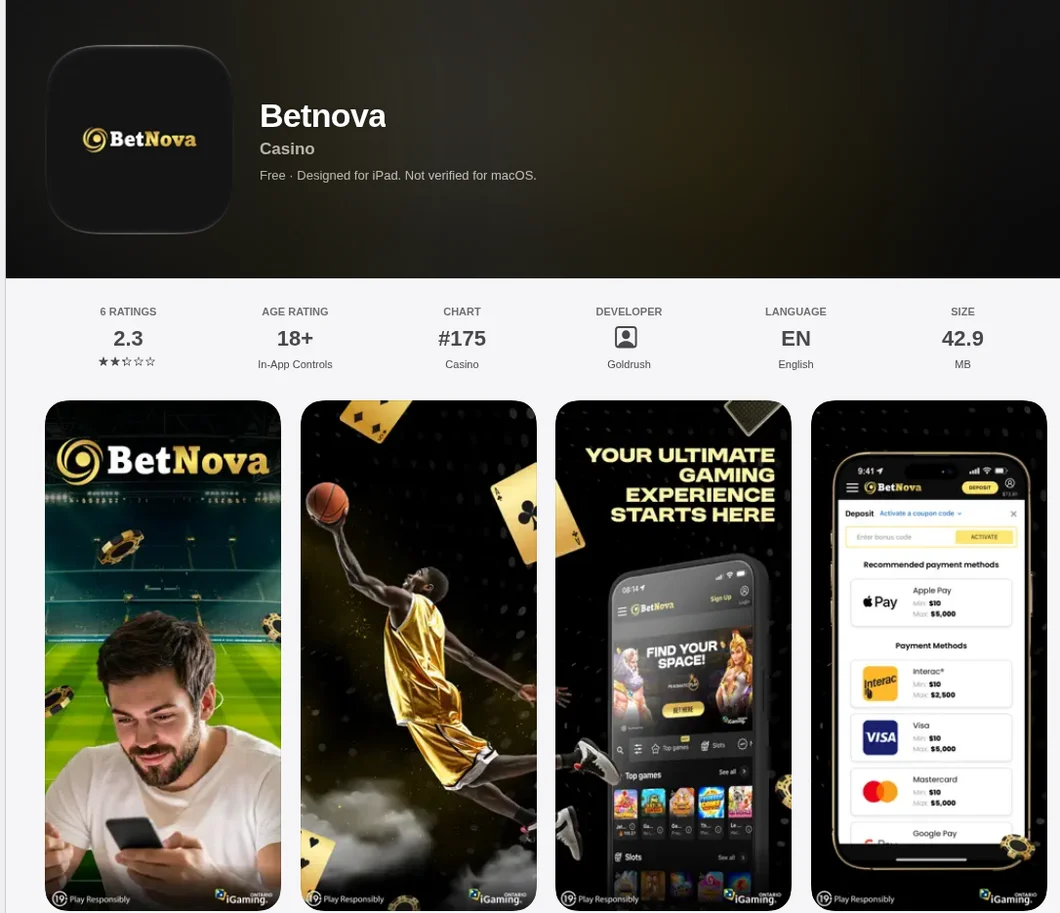 The BetNova app on the Canadian App Store, October 2026: rated 2.3 from 6 ratings, 42.9 MB