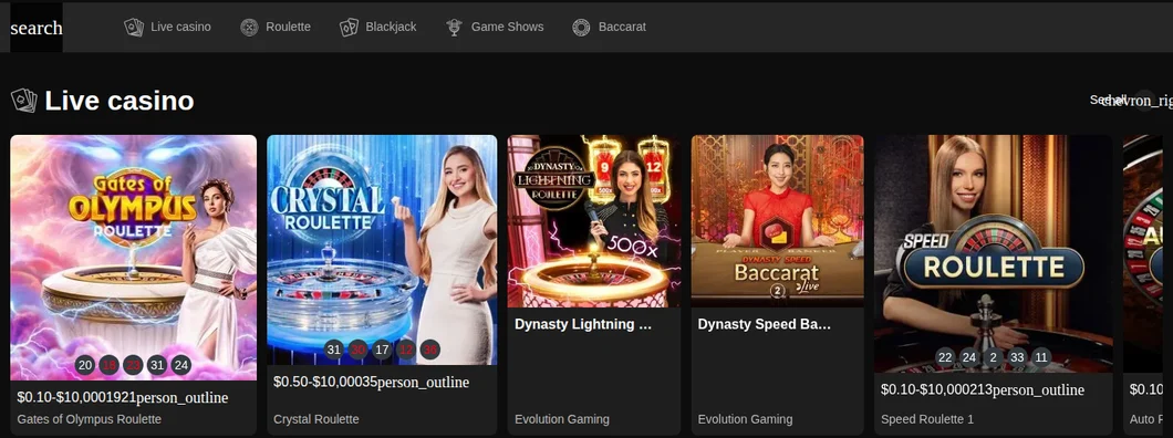 The BetNova Ontario live dealer lobby read from Toronto: live casino, roulette, blackjack, game shows and baccarat tabs, with table limits shown on each tile