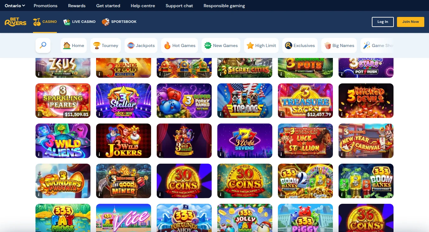 The BetRivers Ontario All Games lobby read from Toronto, with the Jackpots, Exclusives and Big Names tabs and live jackpot values on the tiles