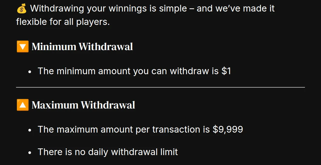 Betty's help centre stating a $1 minimum withdrawal and $9,999 maximum per transaction