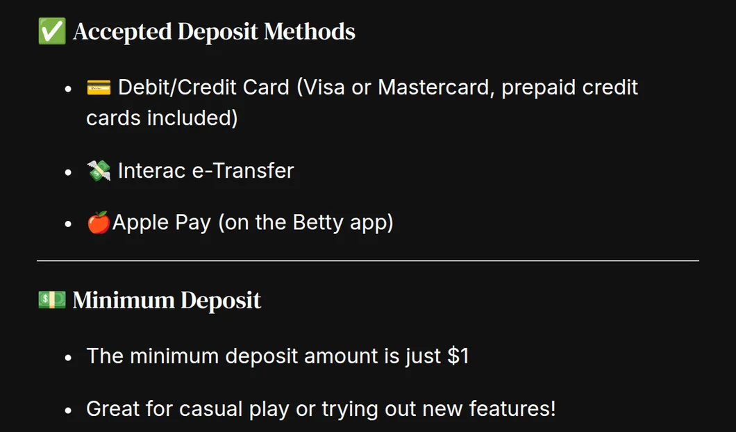 Betty's Ontario help centre listing Visa, Mastercard, Interac e-Transfer and Apple Pay with a $1 minimum deposit