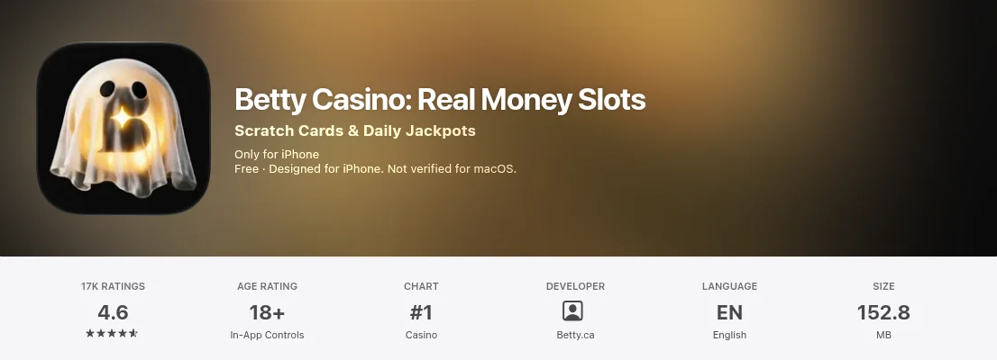 Betty Casino: Real Money Slots on the Canadian App Store on 15 October 2026: 4.6 from 17K ratings, number 1 in Casino