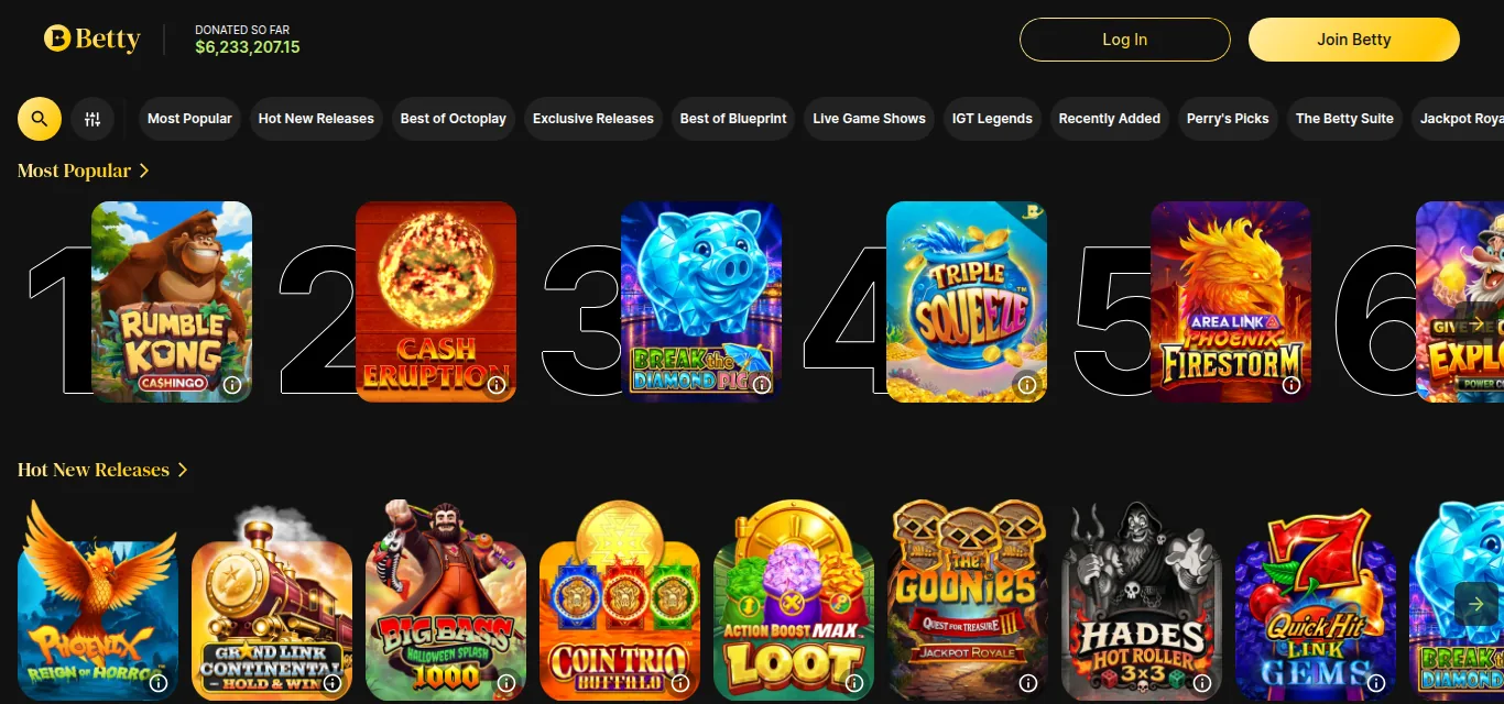 The Betty Ontario casino lobby read from Toronto on 15 October 2026: Most Popular and Hot New Releases rows, with the donated-so-far counter in the header
