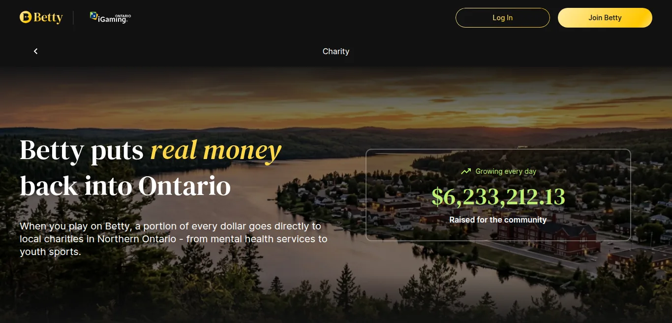The Betty Charity page read from Toronto on 15 October 2026: $6,233,212.13 raised for Northern Ontario charities through the Kirkland Lake bingo hall model