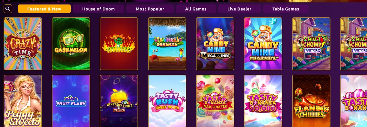 BetUnited Ontario casino lobby, Featured and New tab, with Crazy Time, Cash Melon, Candy Mine Megaways and Tasty Bonanza
