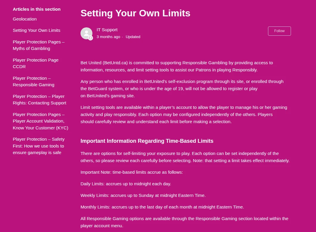 BetUnited help centre article Setting Your Own Limits, with BetGuard and the daily, weekly and monthly reset times