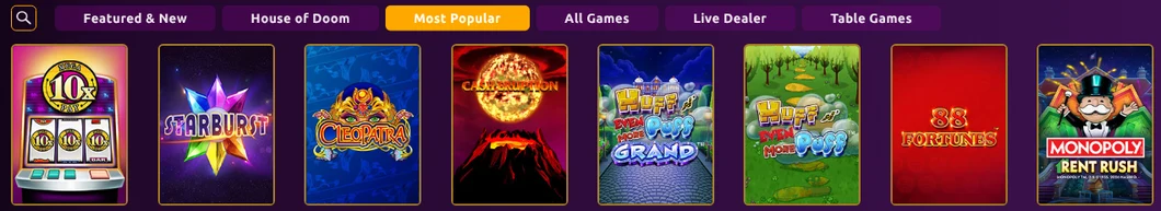 BetUnited Ontario Most Popular shelf with Mega 10x Pay, Starburst, Cleopatra, Cash Eruption, two Huff N Even More Puff games, 88 Fortunes and Monopoly Rent Rush