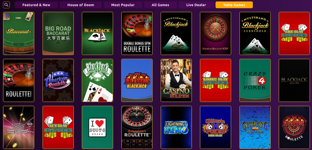 BetUnited Ontario Table Games tab with Baccarat, Multihand Blackjack Surrender, European Roulette VIP, Casino Hold'em, Crazy 4 Poker and Game King video poker