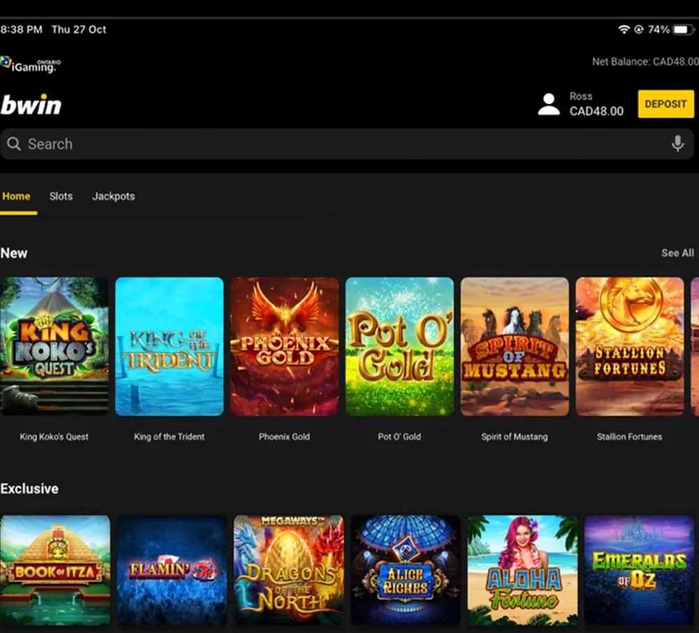 The bwin Ontario casino lobby with the New and Exclusive shelves