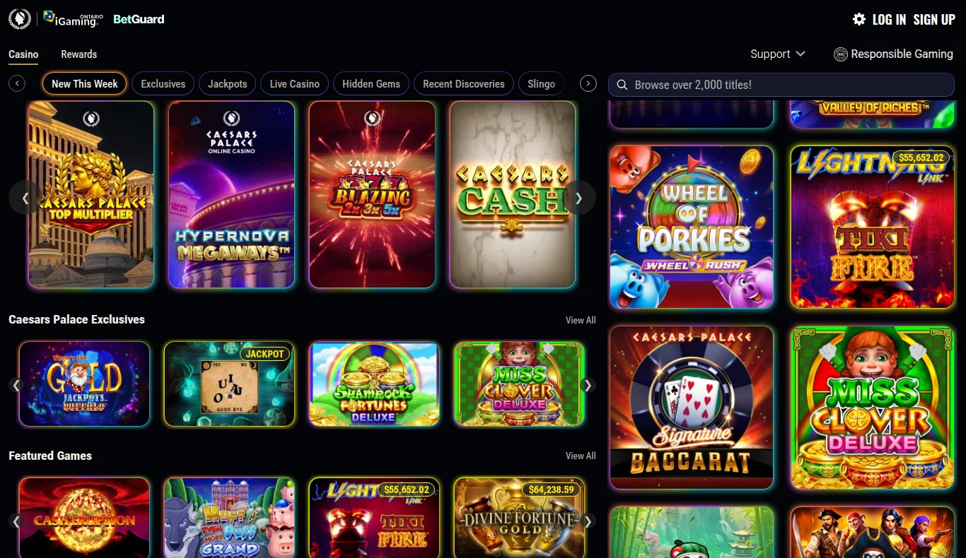 The Caesars Palace Online Casino Ontario lobby read from Toronto in October 2026, with the Caesars Palace Exclusives shelf and a search box promising over 2,000 titles