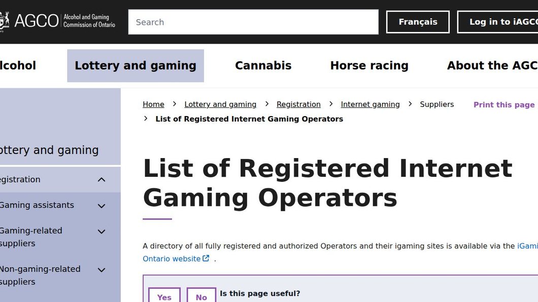 The AGCO’s list of registered internet gaming operators, which sends you to the iGaming Ontario directory — the place to confirm an app’s publisher