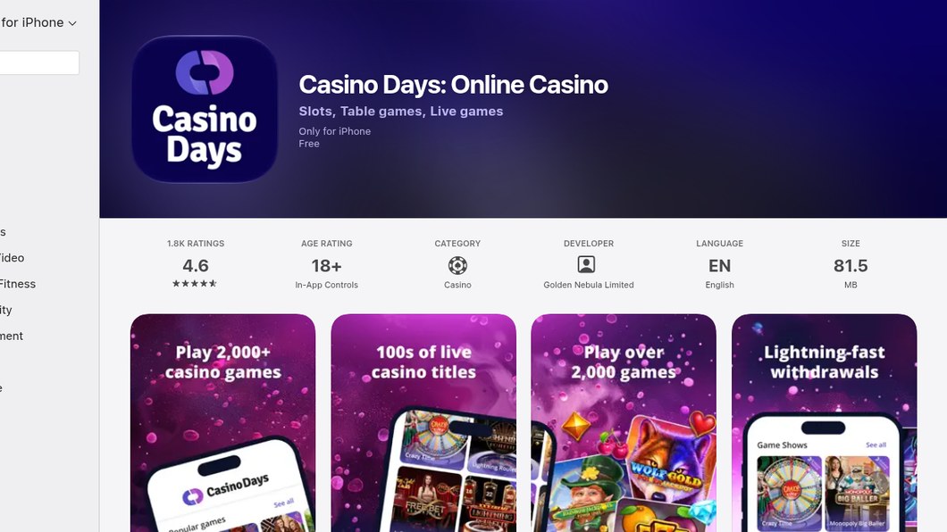 The Casino Days listing on the Canadian App Store in October 2026: 4.6 stars from 1.8K ratings, 81.5 MB, developer Golden Nebula Limited
