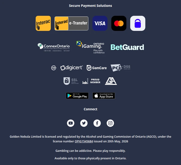 The Casino Days Ontario footer, read from Toronto: Golden Nebula Limited, AGCO licence OPIG1545684 issued 20 May 2026, with iGaming Ontario, ConnexOntario and BetGuard seals