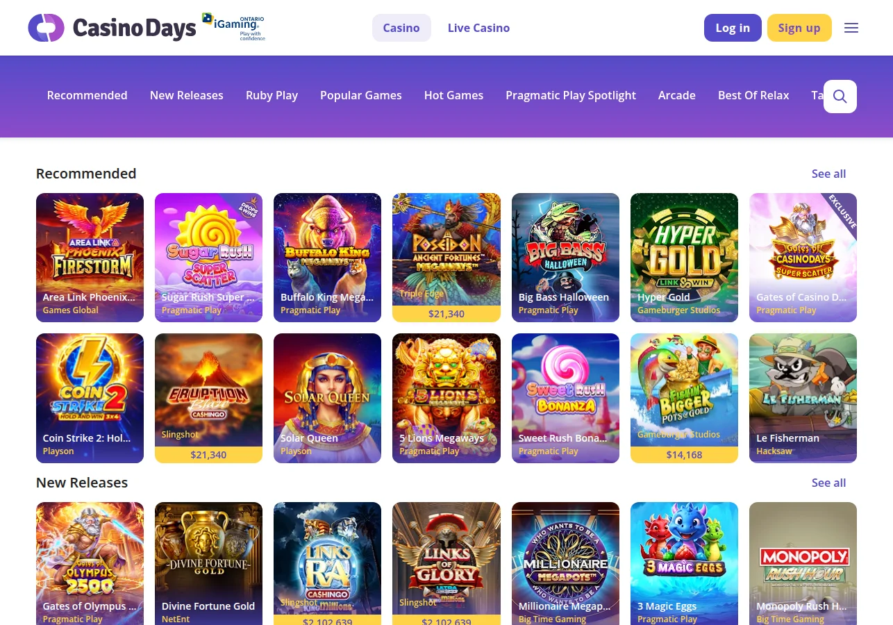 The Casino Days Ontario casino lobby read from Toronto in October 2026, with the Recommended and New Releases shelves