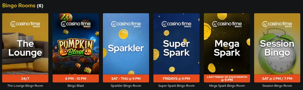 Casino Time Ontario bingo lobby with its six rooms: The Lounge 24/7, Bingo Blast 6 PM to 10 PM, Sparkler Saturday to Thursday at 9 PM, Super Spark Fridays at 9 PM, Mega Spark on the last Friday of each month and Session Bingo on Saturdays at 2 PM and 7 PM