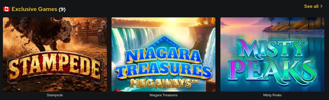 The Casino Time Ontario exclusive games row: Stampede, Niagara Treasures Megaways and Misty Peaks, Canadian-themed slots made for the site