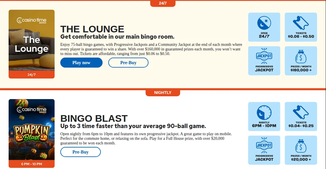 Casino Time room panel for The Lounge, 75-ball and open 24/7 with tickets from $0.06 to $0.50, and Bingo Blast, open nightly 6 PM to 10 PM with tickets from $0.04 to $0.25