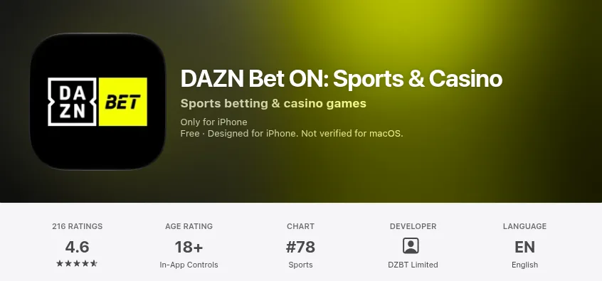 DAZN Bet ON: Sports & Casino on the Canadian App Store on 15 October 2026: 4.6 from 216 ratings, #78 in Sports, developer DZBT Limited
