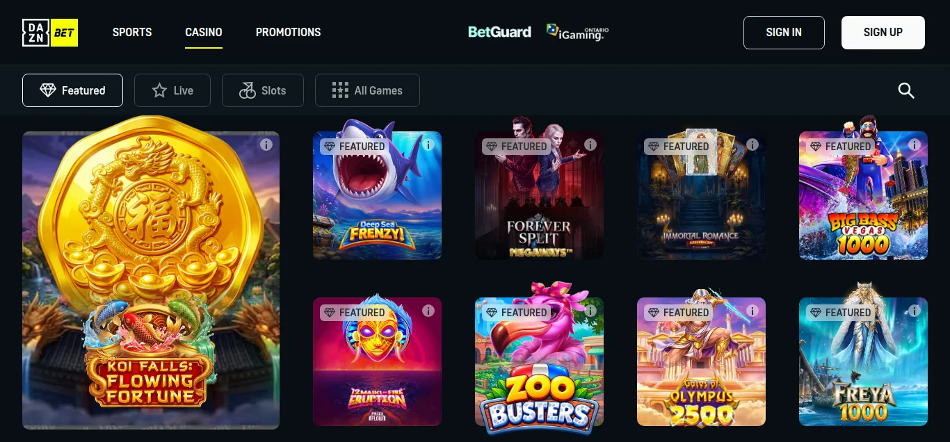The DAZN Bet Ontario casino lobby on 15 October 2026: Featured, Live, Slots and All Games tabs, with Koi Falls: Flowing Fortune and Pragmatic Play slots in the New row