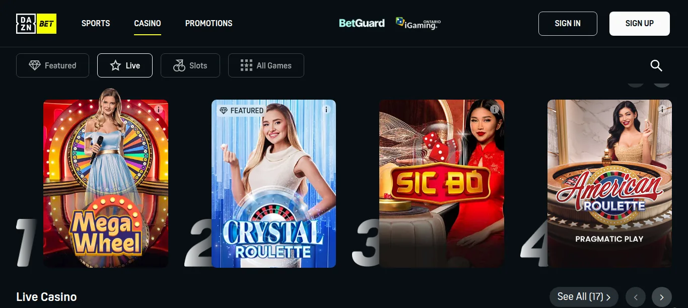 The DAZN Bet Ontario Live tab on 15 October 2026: Pragmatic Play Live tables Mega Wheel, Crystal Roulette, Sic Bo and American Roulette