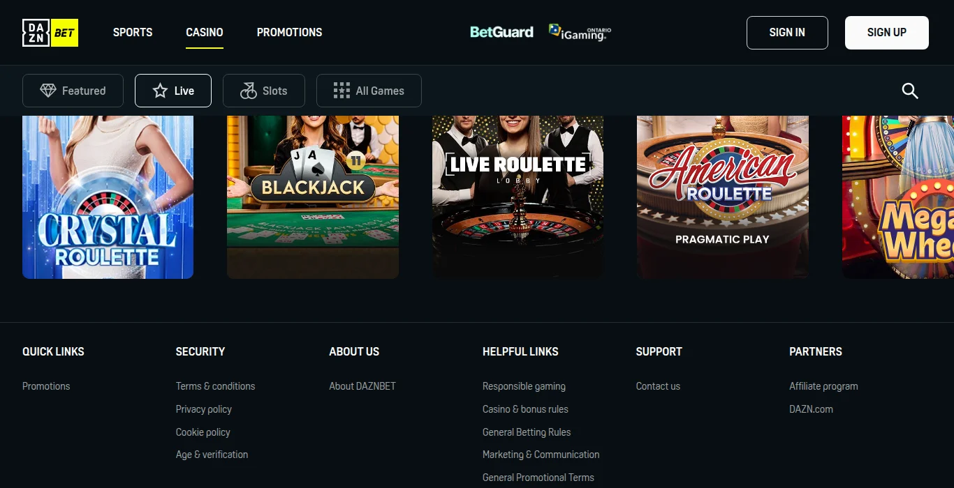 The DAZN Bet Ontario live casino tab: Pragmatic Play Live tables such as Crystal Roulette, Blackjack and American Roulette