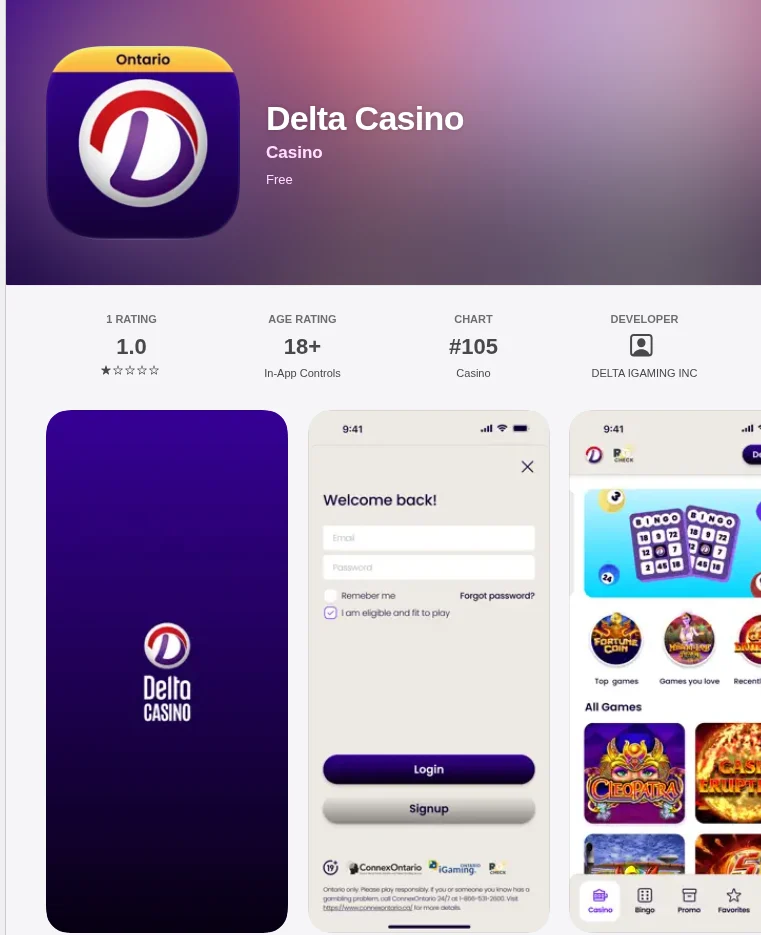 The Delta Casino app on the Canadian App Store, October 2026: one rating, 68.4 MB