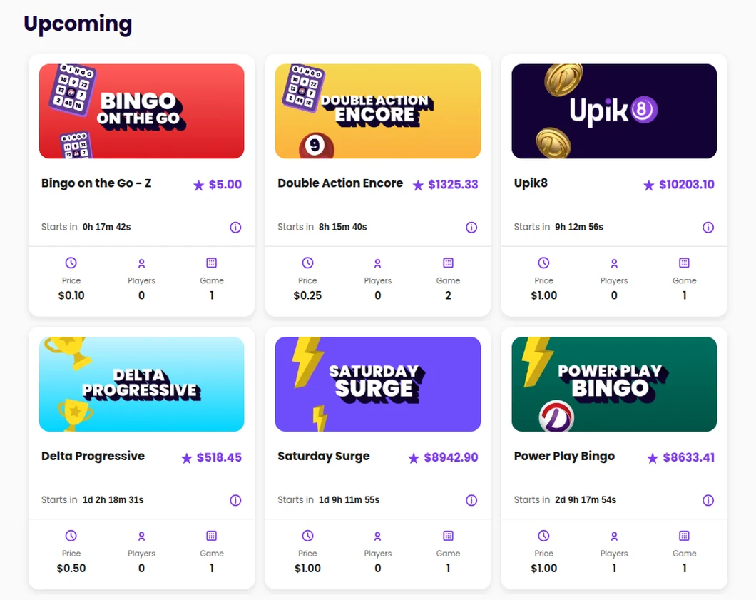 Delta Casino Ontario upcoming bingo games: Bingo on the Go at $0.10, Double Action Encore at $0.25, Upik8, Delta Progressive at $0.50, Saturday Surge and Power Play Bingo at $1.00, each with its prize pot and countdown