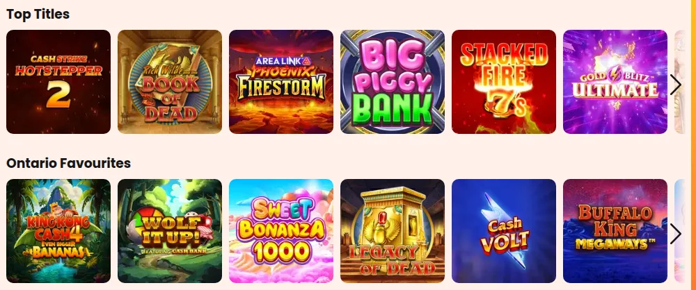 Fever Slots Ontario lobby: Top Titles and Ontario Favourites rows with Book of Dead, Big Piggy Bank, Sweet Bonanza 1000 and Cash Volt