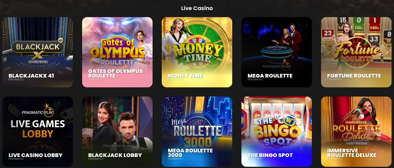 FireVegas Ontario live casino lobby from Pragmatic Play Live: BlackjackX 41, Money Time, Mega Roulette and The Bingo Spot