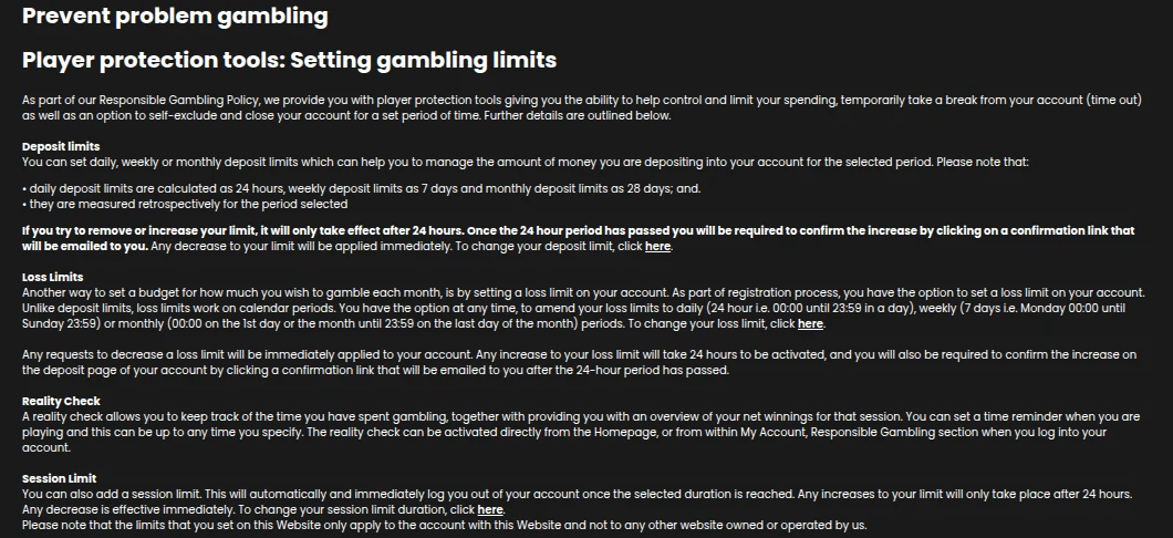 FireVegas Ontario Responsible Gambling Policy page explaining deposit limits, loss limits, reality check and session limit