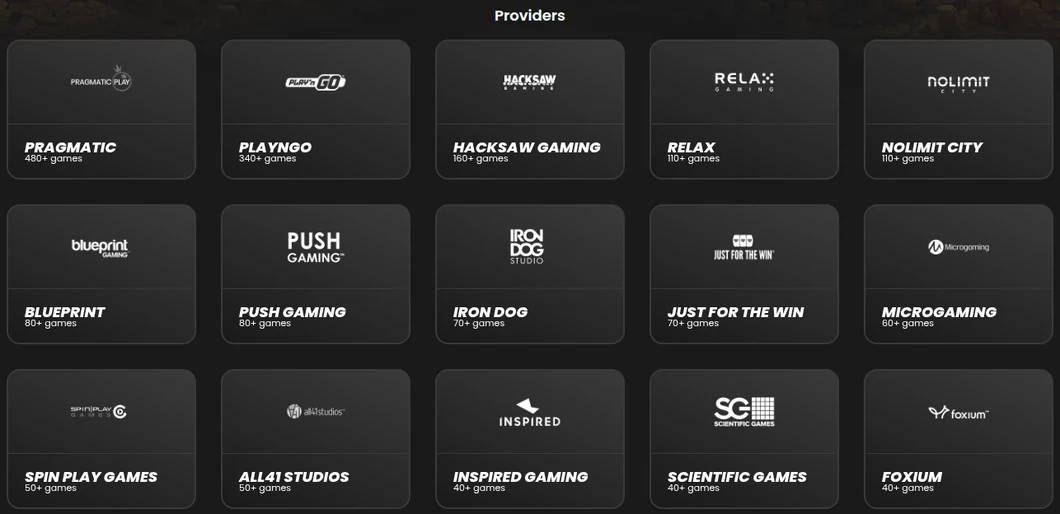 FireVegas provider page tiles showing Pragmatic 480+ games, PlayNGO 340+, Hacksaw Gaming 160+, Relax 110+ and Nolimit City 110+