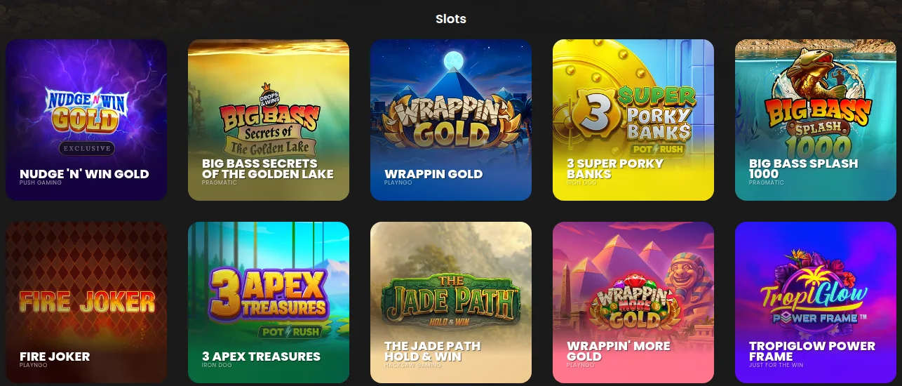 FireVegas Ontario slots lobby with Nudge N Win Gold, Big Bass Splash 1000, Fire Joker and 3 Apex Treasures
