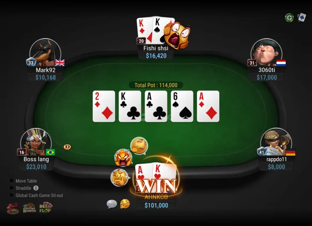 A six-handed Texas Hold'em cash game table in the GGPoker Ontario client, with player stacks, the board and the Straddle and Move Table options