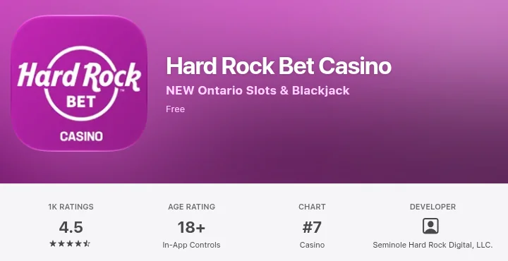Hard Rock Bet Casino on the Canadian App Store on 15 October 2026: 4.5 from 1K ratings, number 7 in Casino, developer Seminole Hard Rock Digital