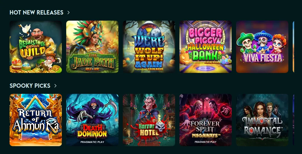 The High Flyer Casino Ontario slots lobby read from Toronto on 15 October 2026: the Hot New Releases and Spooky Picks rows