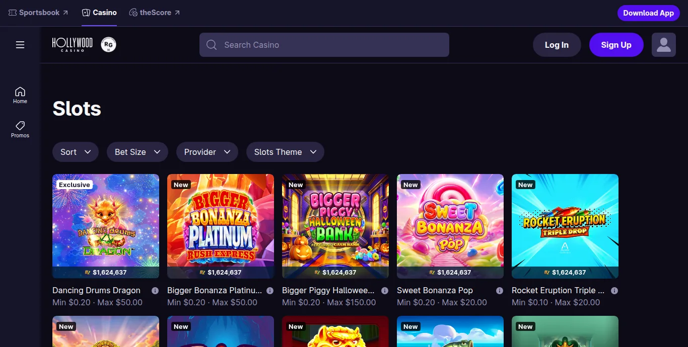 Hollywood Casino Ontario slots lobby with Dancing Drums Dragon, Bigger Bonanza Platinum Rush Express and Sweet Bonanza Pop