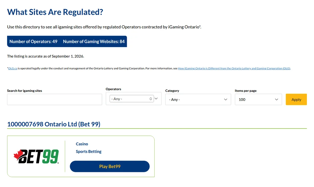The iGaming Ontario register showing 49 operators and 84 gaming websites, accurate as of September 1, 2026