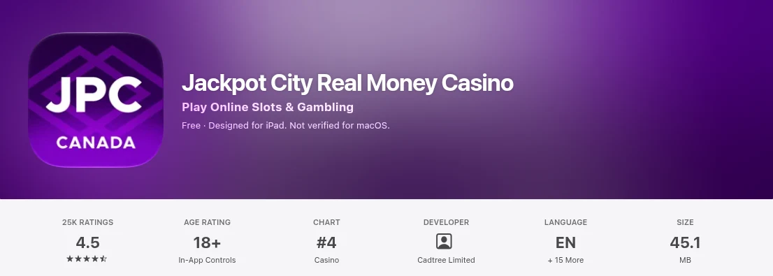 Jackpot City Real Money Casino on the Canadian App Store: 4.5 from 25K ratings, number four in the Casino chart, published by Cadtree Limited