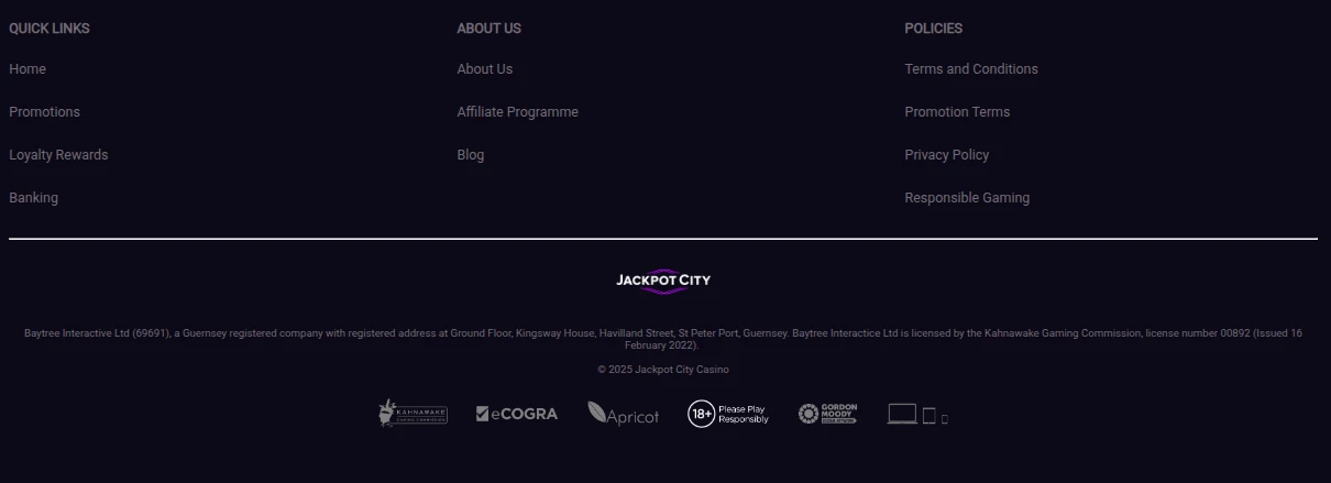 The footer of help.jackpotcity.ca, naming Baytree Interactive Ltd and a Kahnawake Gaming Commission licence, with an 18+ mark