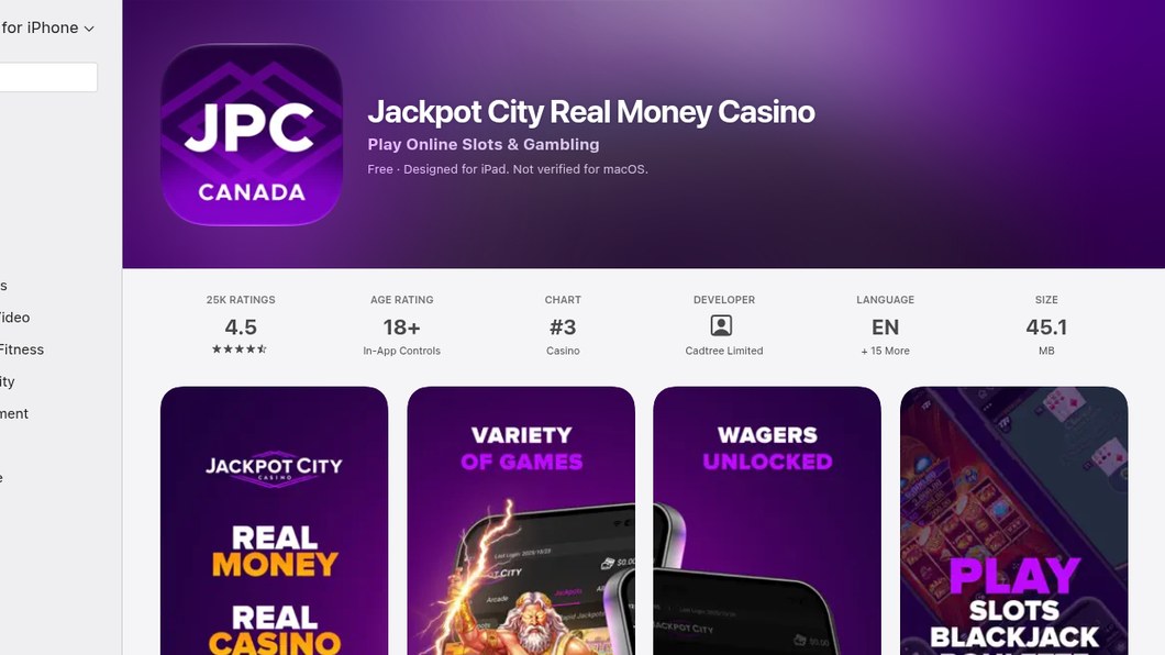The Jackpot City listing on the Canadian App Store in October 2026: 4.5 stars from 25K ratings, 45.1 MB, developer Cadtree Limited
