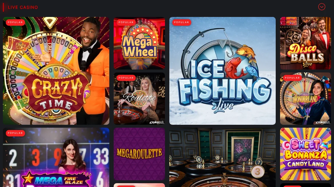 The Knightslots Ontario live casino row read from Toronto on 15 October 2026: Crazy Time, Mega Wheel, Ice Fishing, Disco Balls and Playtech live roulette