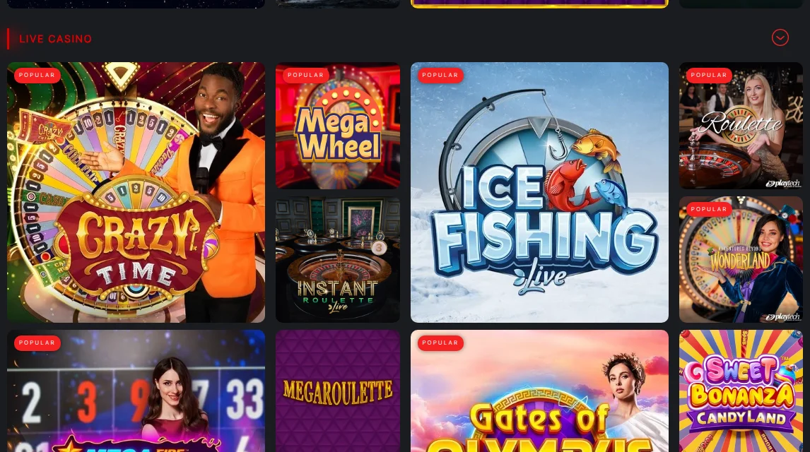 Game shows in an Ontario live casino row: Crazy Time, Mega Wheel, Ice Fishing and Playtech live roulette