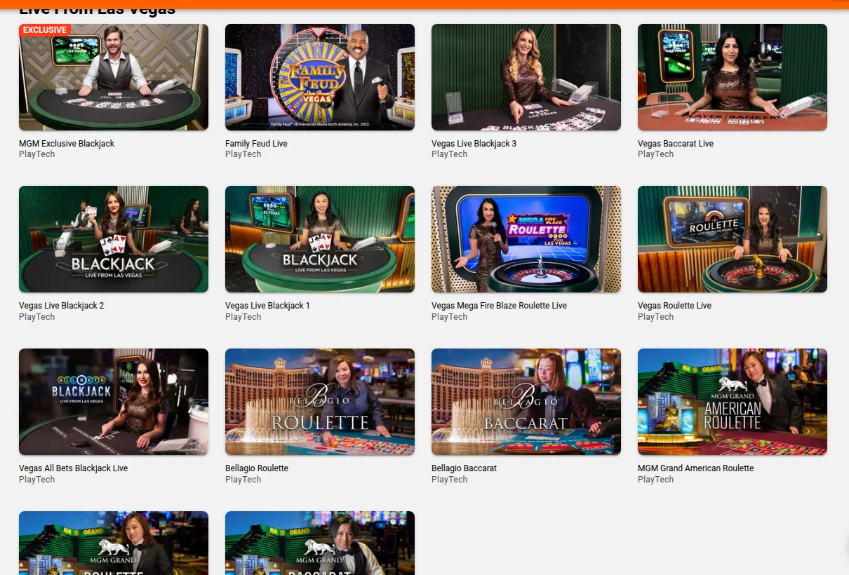 The Live From Las Vegas section of LeoVegas Ontario: MGM Exclusive Blackjack, Bellagio Roulette and Baccarat and MGM Grand tables from Playtech