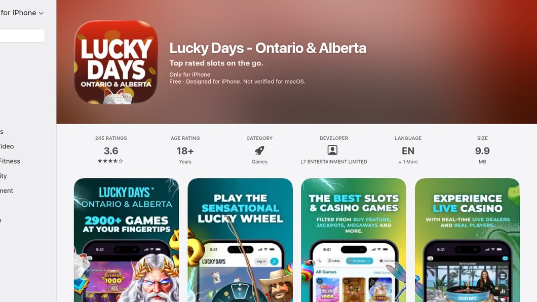 The Lucky Days – Ontario & Alberta listing on the Canadian App Store in October 2026: 3.6 stars from 245 ratings and a 9.9 MB download, the smallest we measured