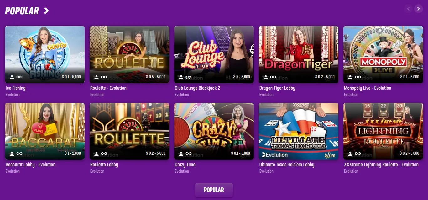 The LuckyCasino Ontario live casino read from Toronto on 15 October 2026: the Popular row of Evolution tables, including Club Lounge Blackjack 2, Crazy Time and MONOPOLY Live