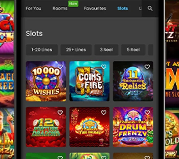 The slots tab of the Luxury Casino Ontario app, with For You, Rooms, Favourites and Slots tabs and the line and reel filters