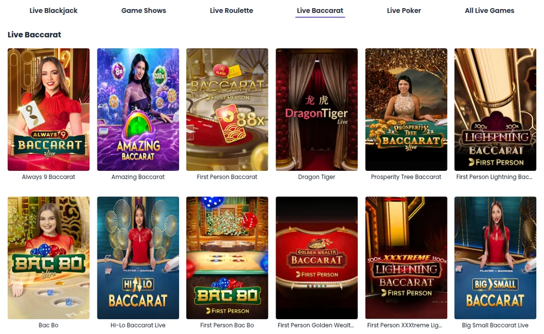 Miki Ontario Live Baccarat tab with Always 9 Baccarat, Amazing Baccarat, Dragon Tiger, Prosperity Tree Baccarat, Bac Bo and Big Small Baccarat