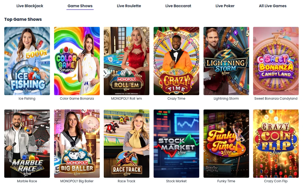 Miki Ontario live game shows shelf with Ice Fishing, Color Game Bonanza, MONOPOLY Roll 'em, Crazy Time, Lightning Storm and Sweet Bonanza Candyland