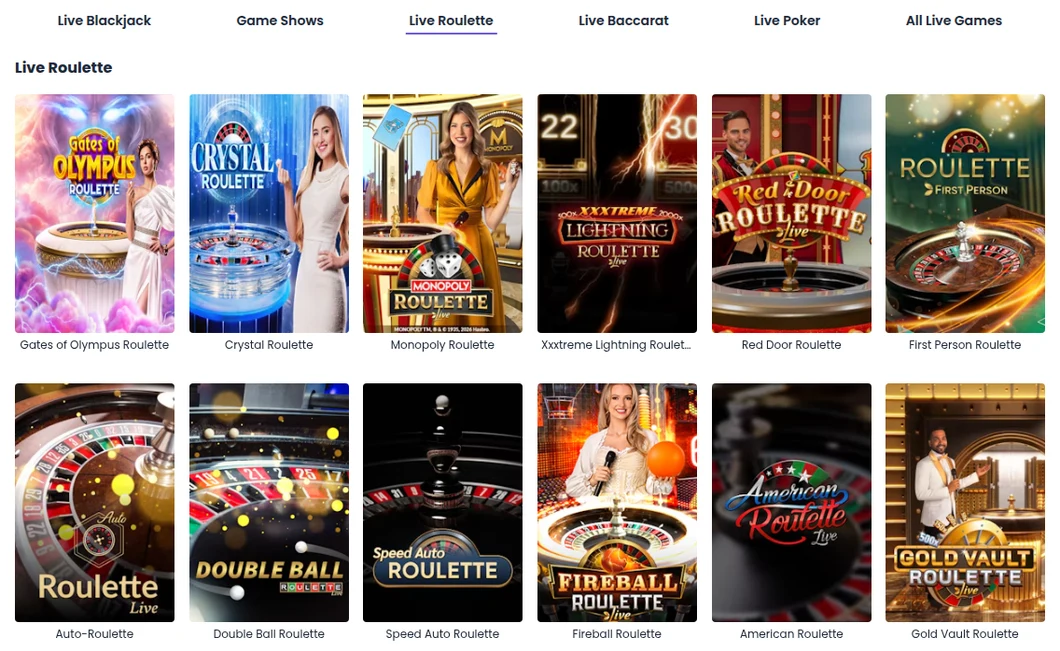 Miki Ontario Live Roulette tab with Gates of Olympus Roulette, Crystal Roulette, Monopoly Roulette, XXXtreme Lightning Roulette, Red Door Roulette and Fireball Roulette